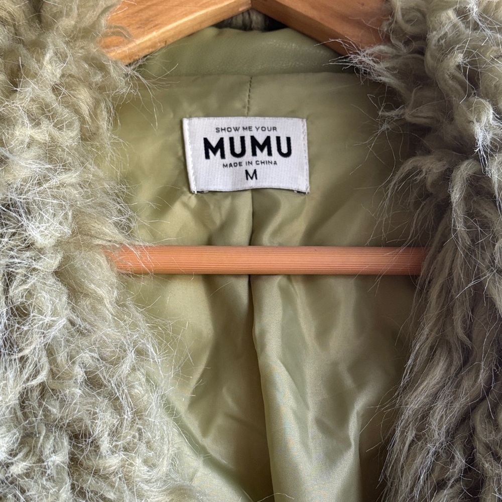 Show Me Your MuMu Penny Lane Olive Green Faux Fur-Trim Tie-Waist Coat - Picture 6 of 8